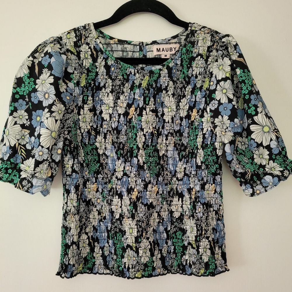 MAUBY Floral Puff Sleeve Smocked Poplin Top Size M